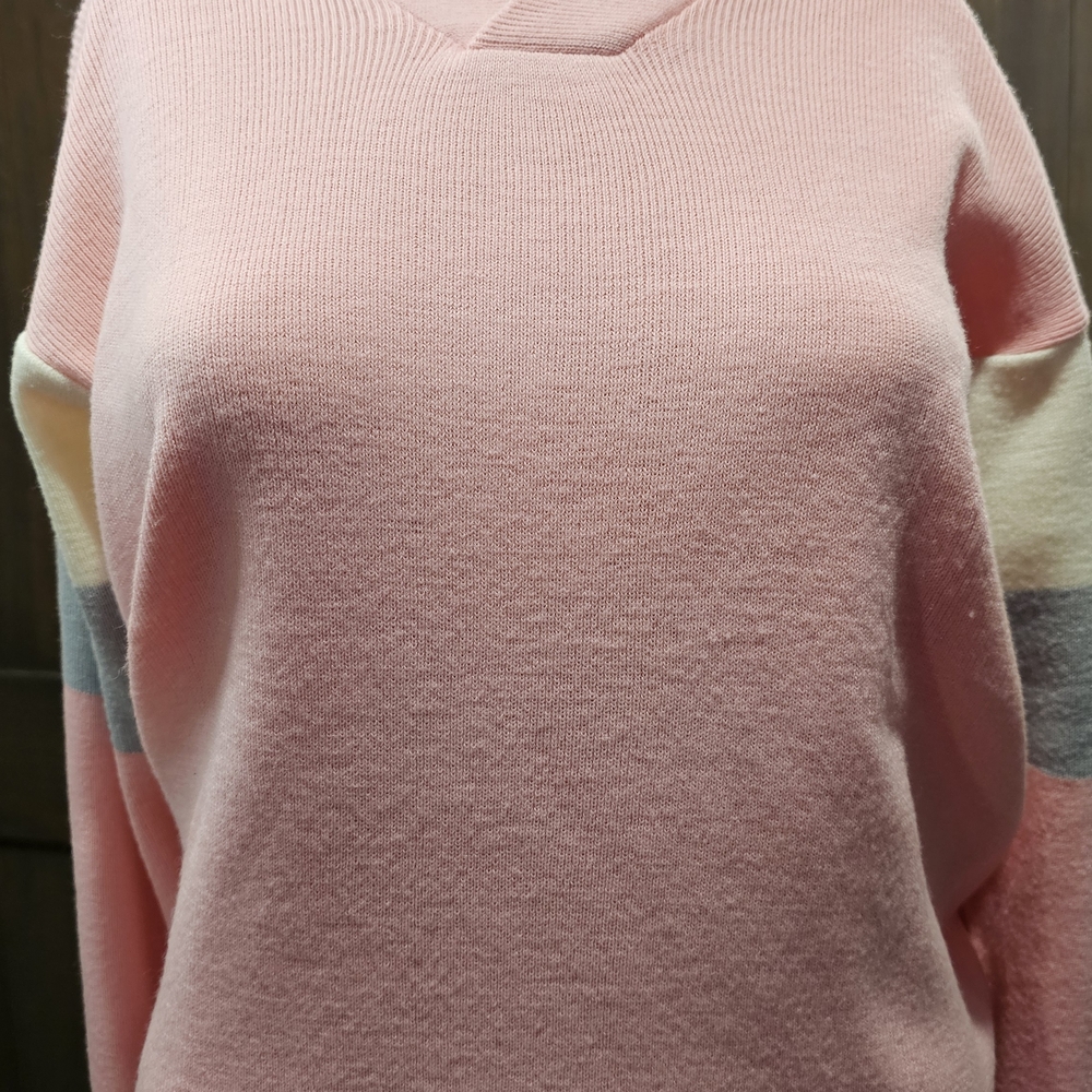 Obermeyer Pink V-Neck Sweater with Pastel Stripe Sleeves
